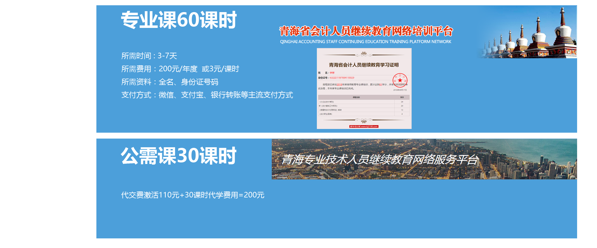 会计继续教育学习代学服务青海会计专业课60课时，所需时间 : 3-7天，所需费用：200元/年度  或3元/课时，所需资料：全名、身份证号码，支付方式：微信、支付宝、银行转账等主流支付方式，公需课30课时代交费激活110元+30课时代学费用=200元